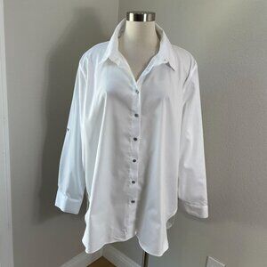 Calvin Klein Womens Plus 1X Button Up White Shirt Relax Fit Roll Tab Sleeve Top